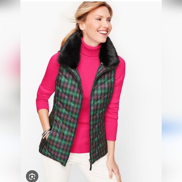 NWT TALBOTS | Down Faux Fur Collar Puffer Vest Tartan Green Sz M - Picture 1 of 7